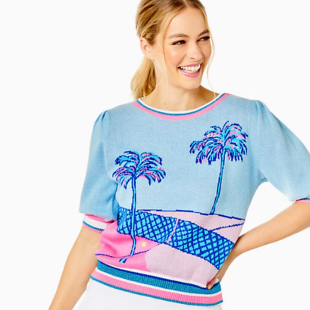 Lilly Pulitzer Vivie Sweater Short Sleeve Tennis Sweater Pink and Blue Size XL